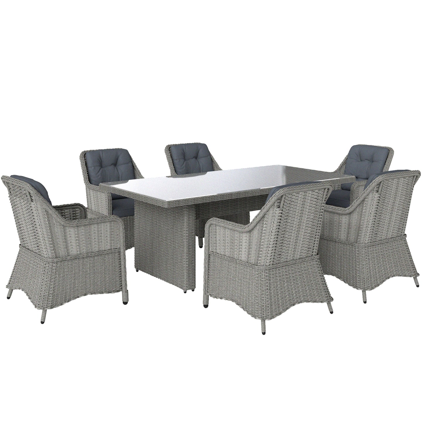 Outsunny 6-Seater Rattan Dining Set, Round PE Rattan Furniture, Aluminum Table, 6 Armchairs with Cushions, Rectangular Glass Top, Grey