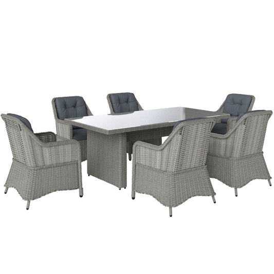 Outsunny 6-Seater Rattan Dining Set, Round PE Rattan Furniture, Aluminum Table, 6 Armchairs with Cushions, Rectangular Glass Top, Grey
