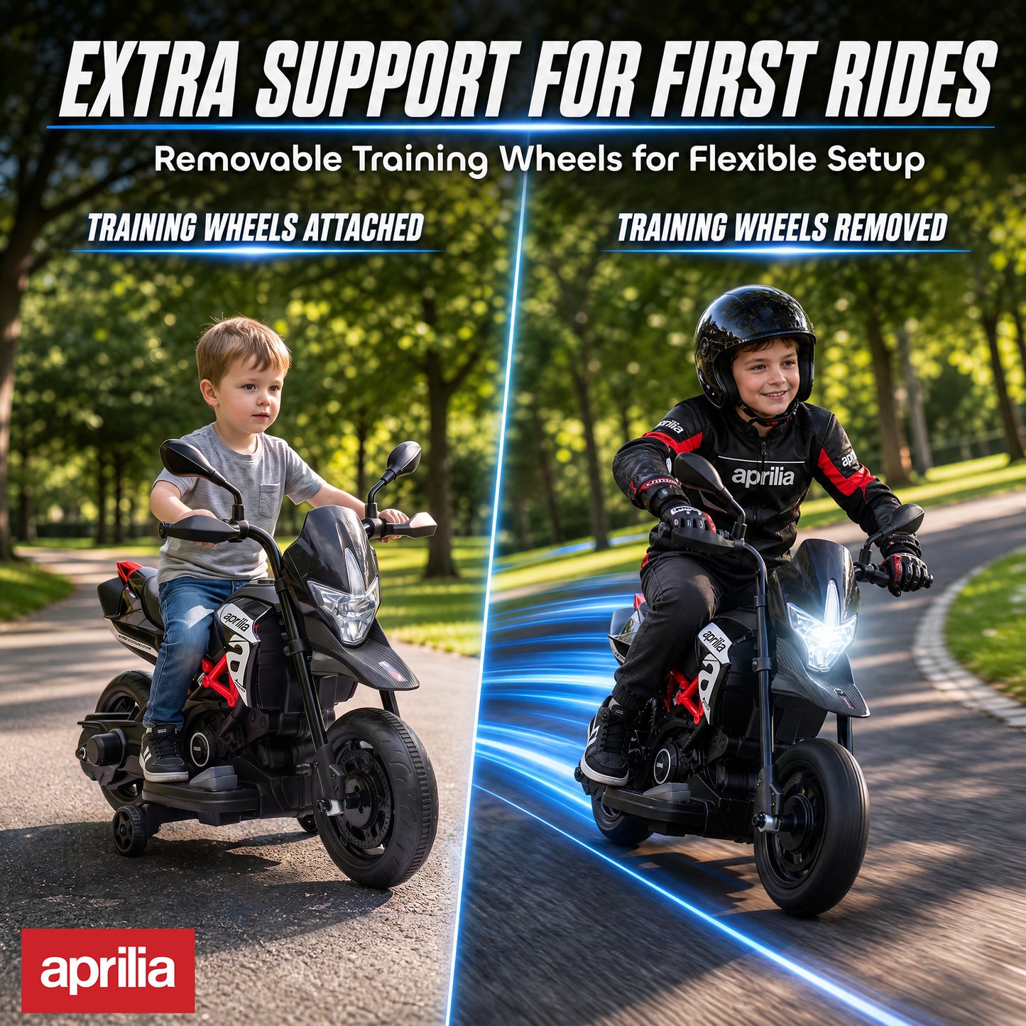 AIYAPLAY 6V Kids Electric Motorbike with Training Wheels, Headlight, Music, Horn for 80-110 cm Height, 18 Months-4 Years, Black
