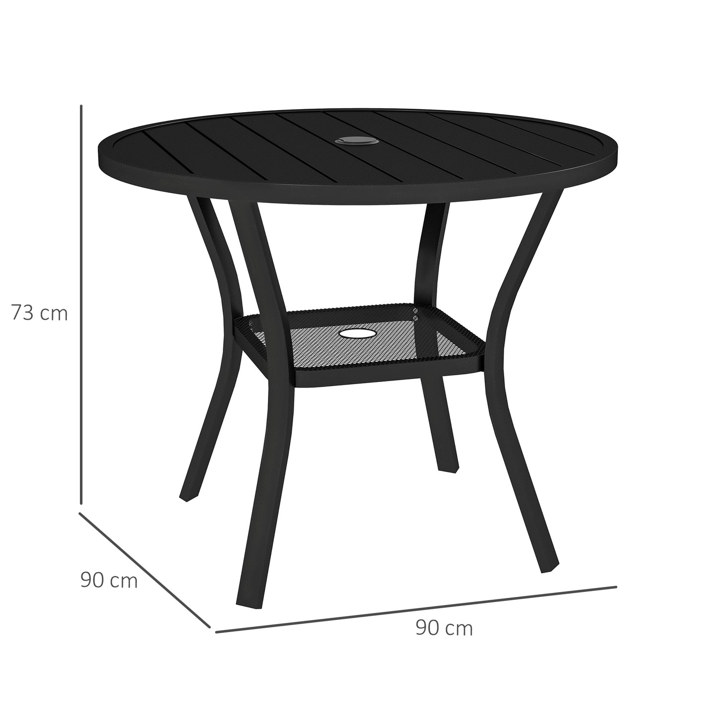 Outsunny 90 cm Round Steel Garden Dining Table with Parasol Hole, Slatted Metal Top, Wire Shelf, Black