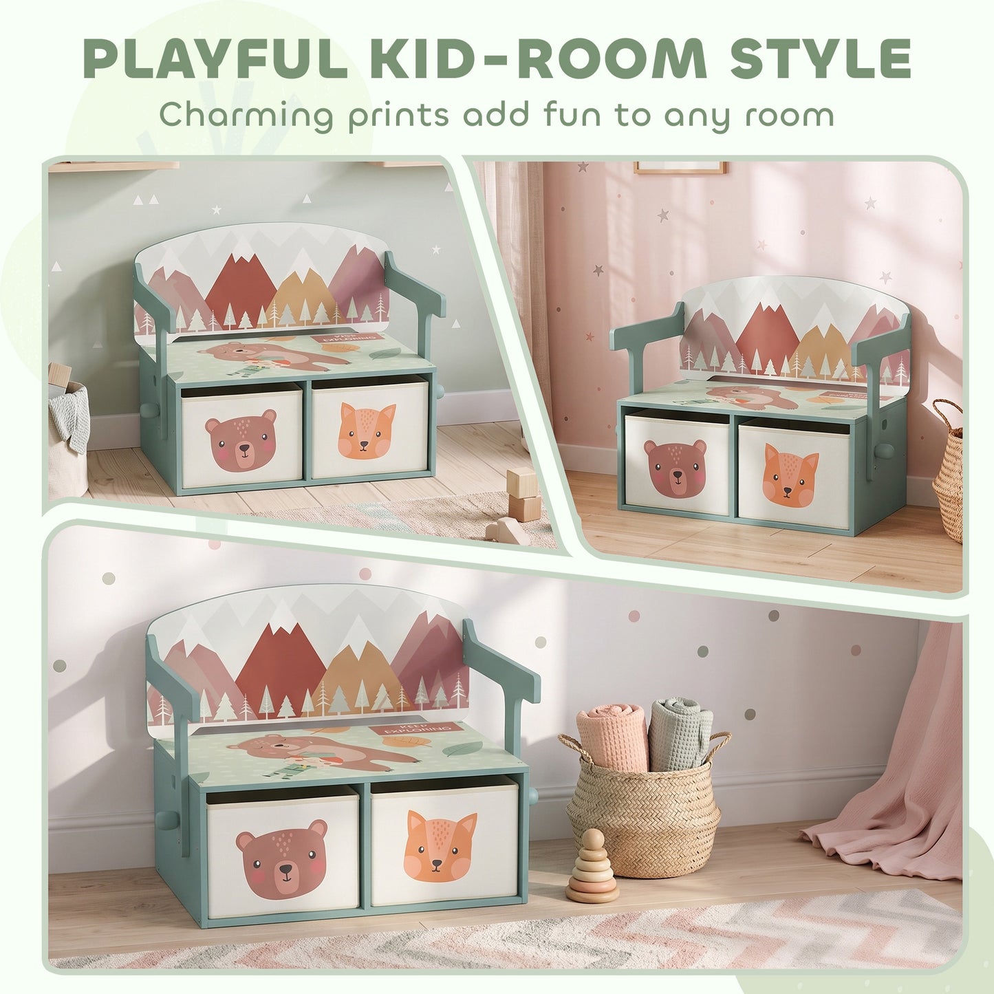 AIYAPLAY Kids Table and Chair Set, 3 in 1 Wooden Toy Box with 2 Fabric Drawers for Bedroom, Playroom, Gift for Boys Girls, Green