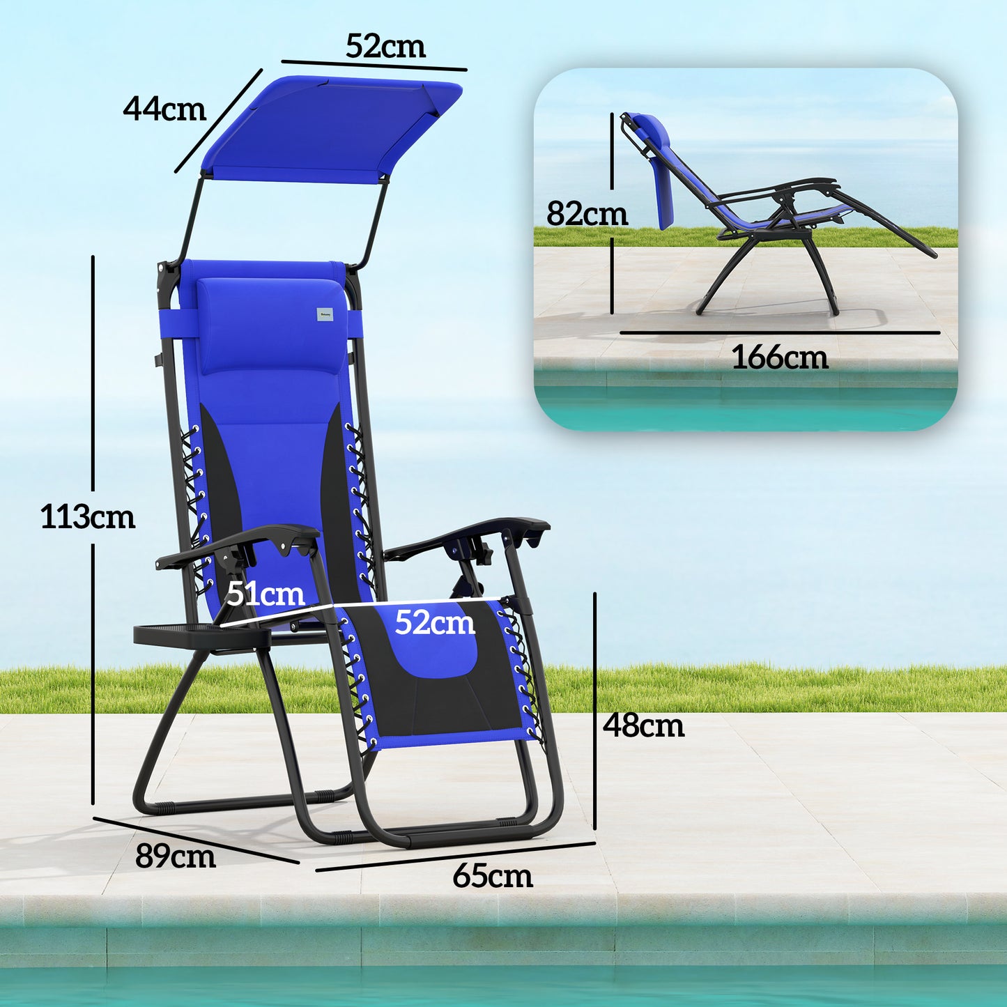 Outsunny Zero Gravity Lounger Chair, Folding Reclining Patio Chair with Shade Cover, Cup Holder, Soft Cushion and Headrest for Poolside, Camping, Blue