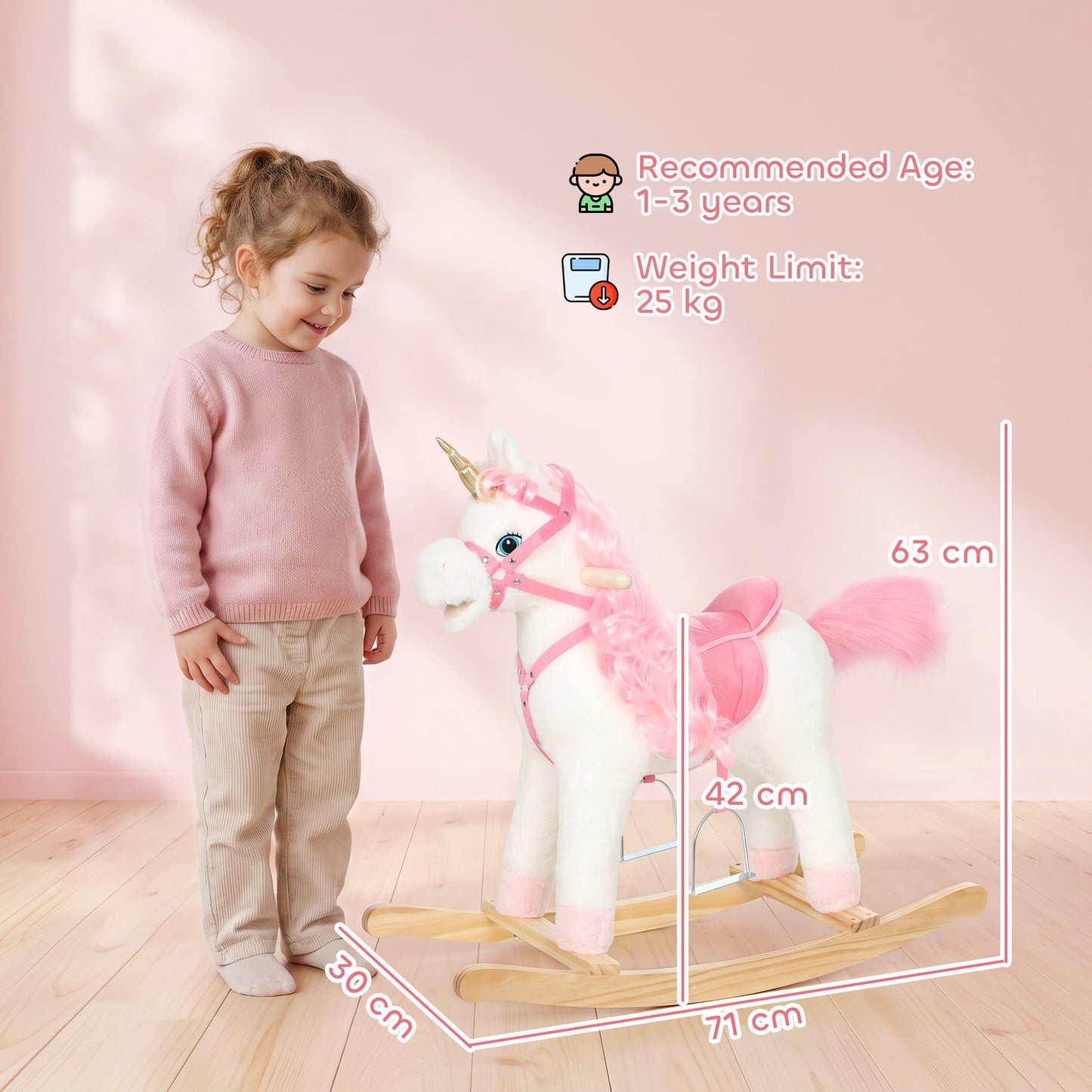 AIYAPLAY Rocking Horse, Unicorn Kids Ride on Horse with Rocking Limit, Hoofbeats, Neighing, Moving Mouth & Tail, for 1-3 Y, White
