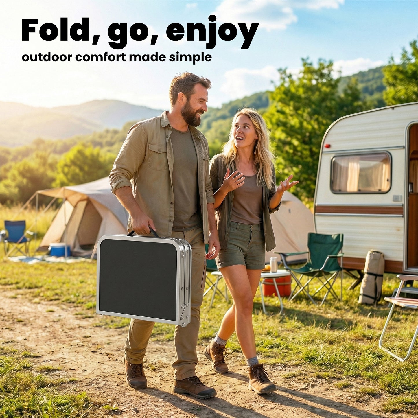 Outsunny 2ft Folding Camping Table, Picnic Table with Mesh Storage Layer, 4 Adjustable Heights and Carrying Handle