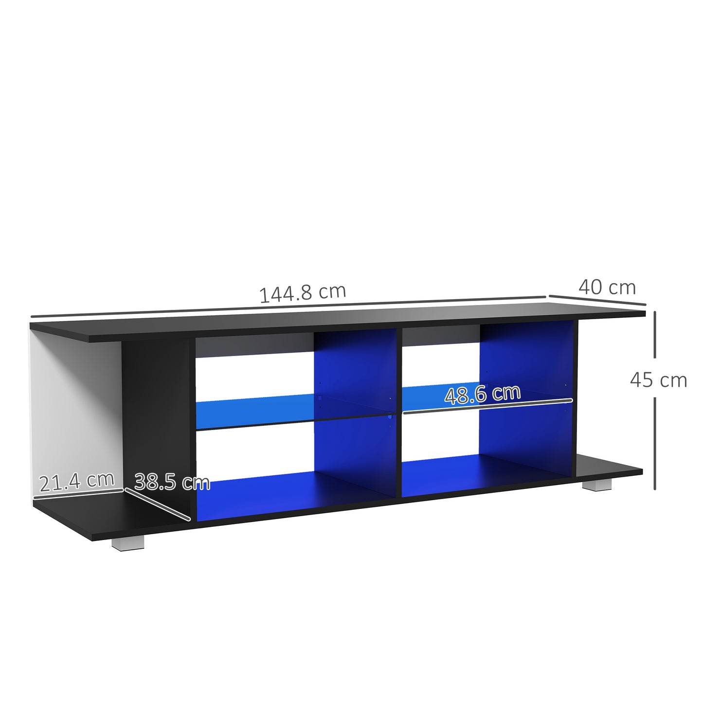 HOMCOM TV Stand 145cm Modern TV Unit with Glass Shelves RGB LED Light for 32 - 60 inch 4k TV Black