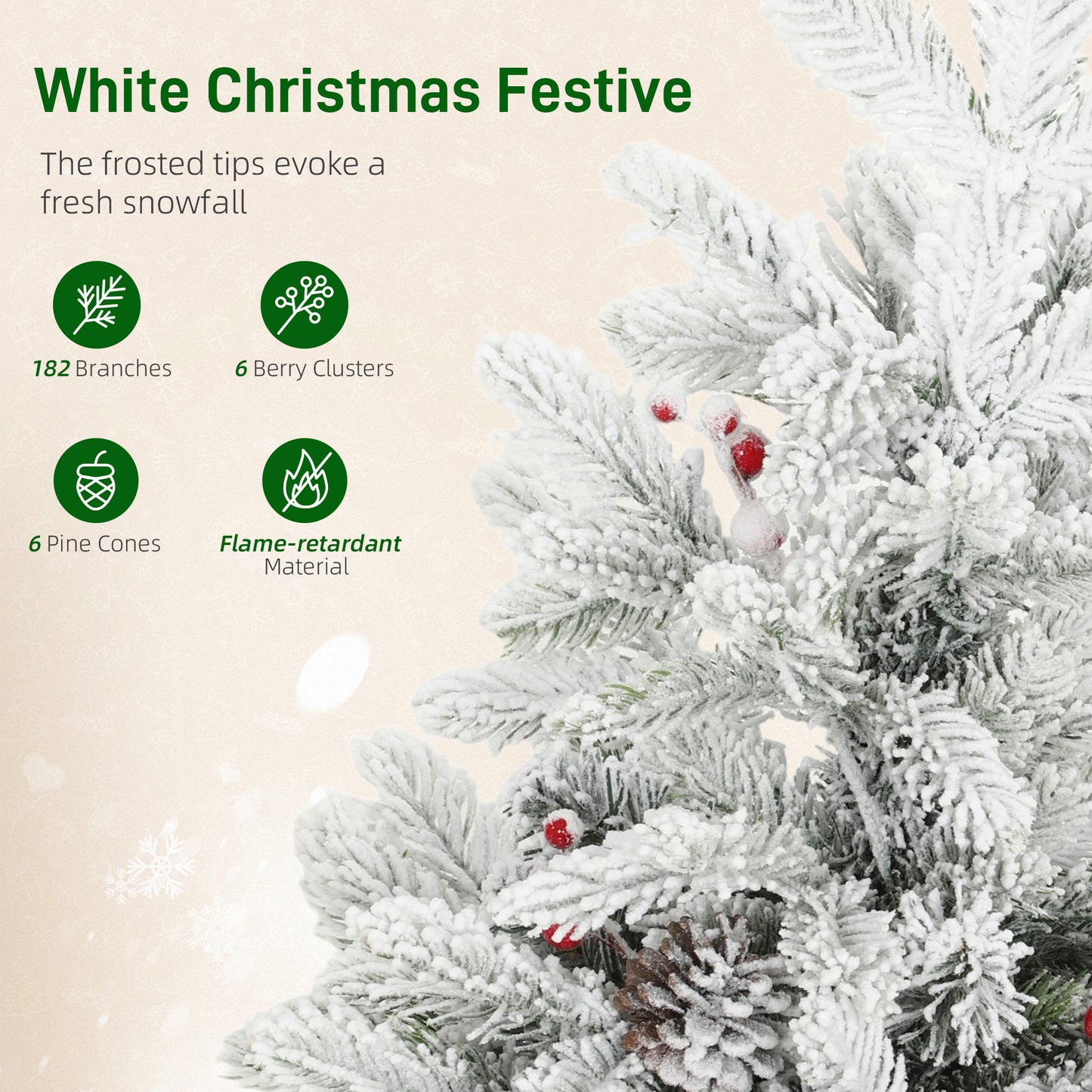HOMCOM 60cm Prelit Christmas Tree w/ 35 LED Lights, Snow Flocked, Pine Cones, Berries, Linen Base, Battery Operated, Green