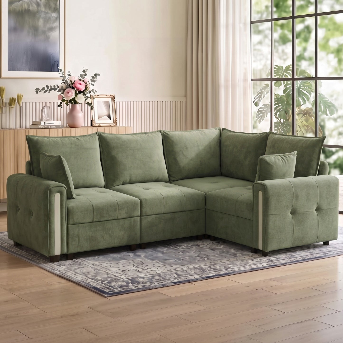 HOMCOM 228cm L Shaped Sofa with Lift-Up Storage, 3-Seater Sectional Sofa with Wide Deep Seat, Dark Green