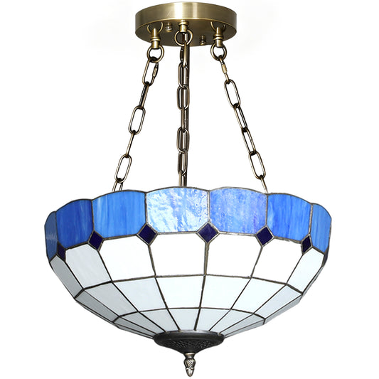 HOMCOM Tiffany Style Ceiling Light, Vintage Chandelier with 3 E27 Sockets, Semi Flush Mount for Living Room, Bulbs Not Included Blue
