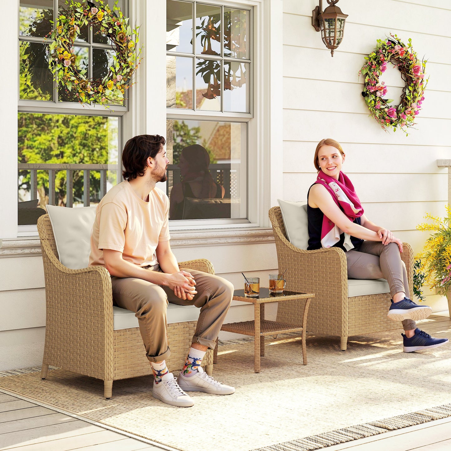 Outsunny Rattan Garden Chairs Set of 2, Outdoor with Cushions, Armrests, High Back, Steel Frame for Balcony, Porch, Beige