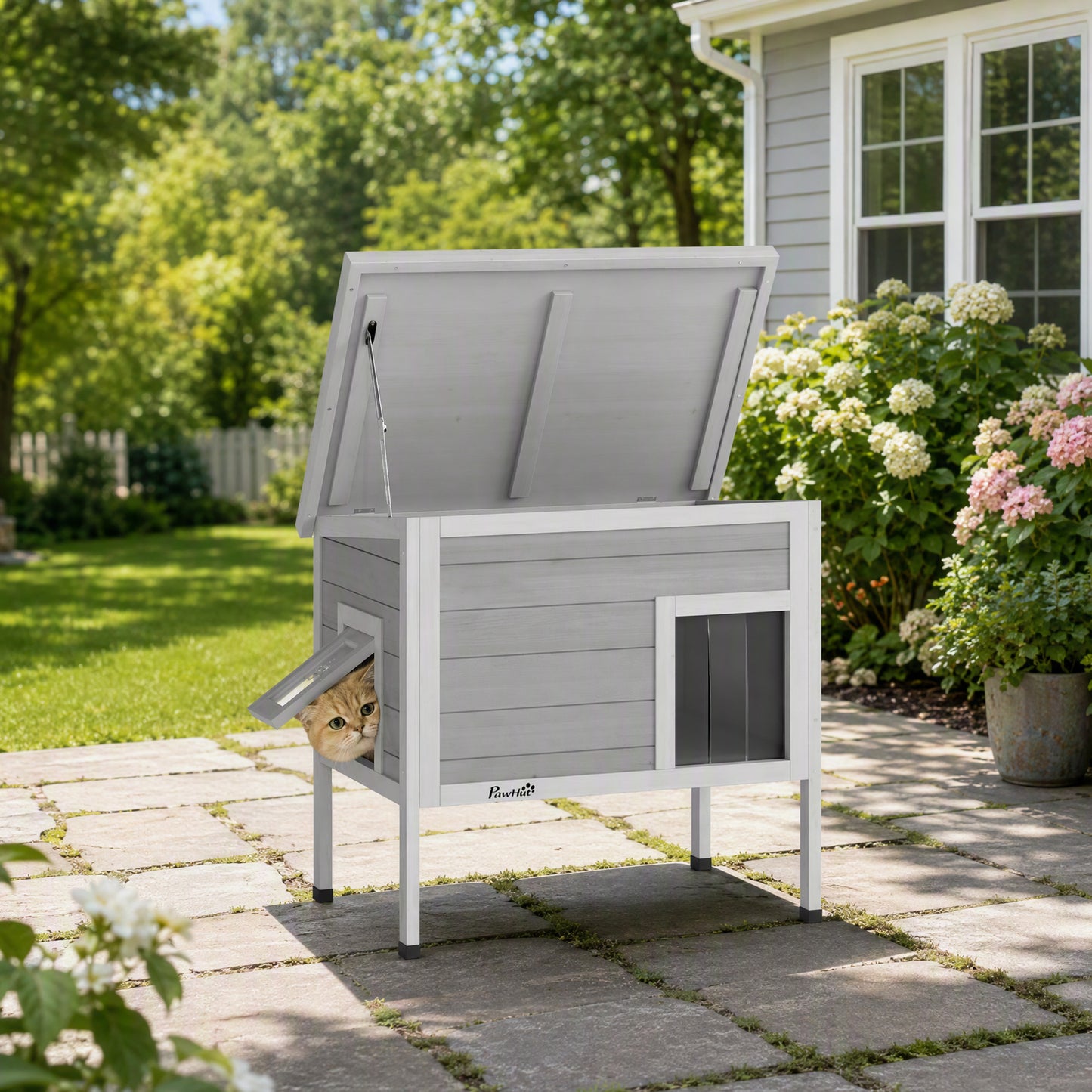 PawHut Outdoor Cat House, Insulated Cat Shelter with Insulated Liner, Waterproof Asphalt Roof, Escape Door, Opening Top