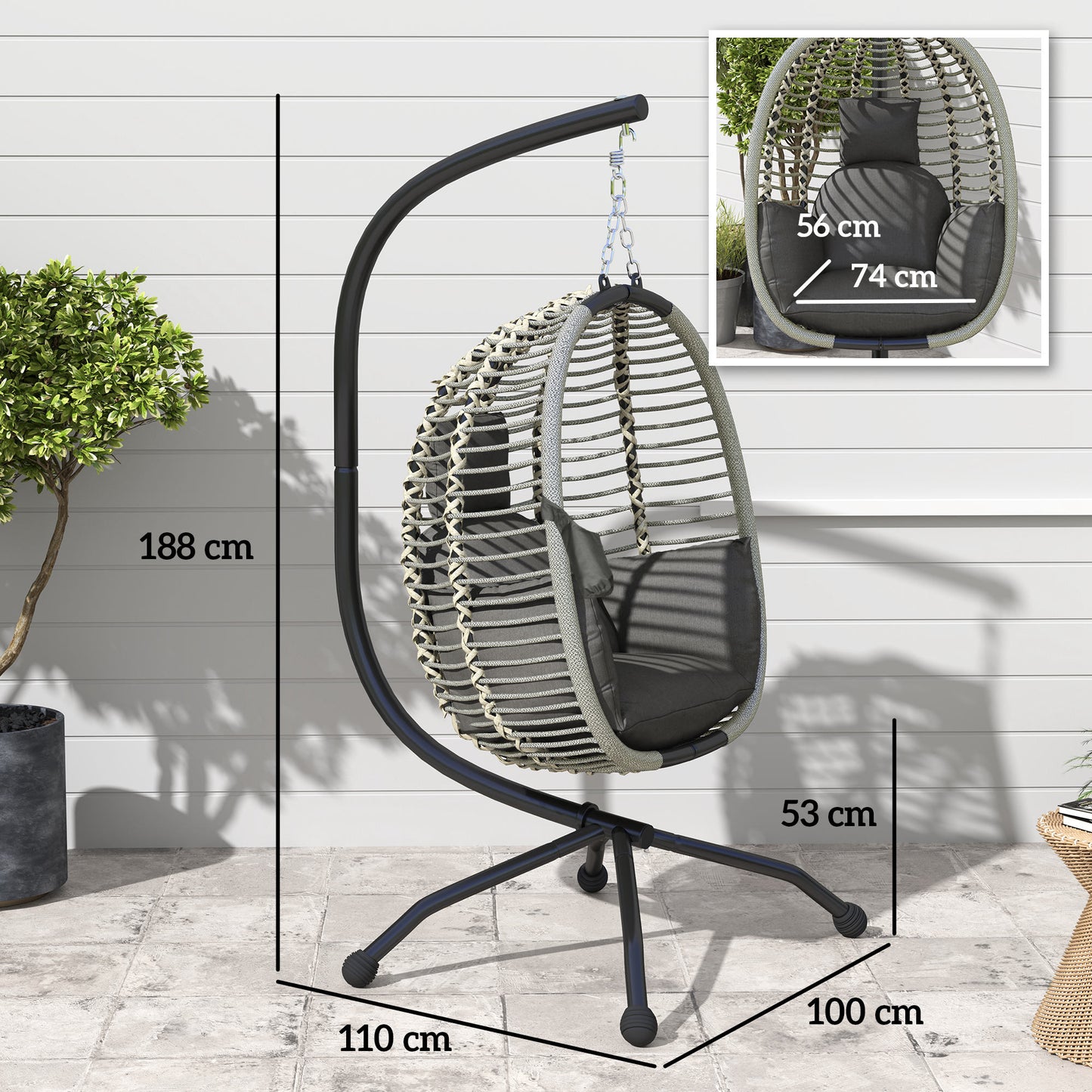 Outsunny Outdoor Swing Chair with Cushion & Metal Stand, Foldable Basket, Cup Holder, Dark Grey