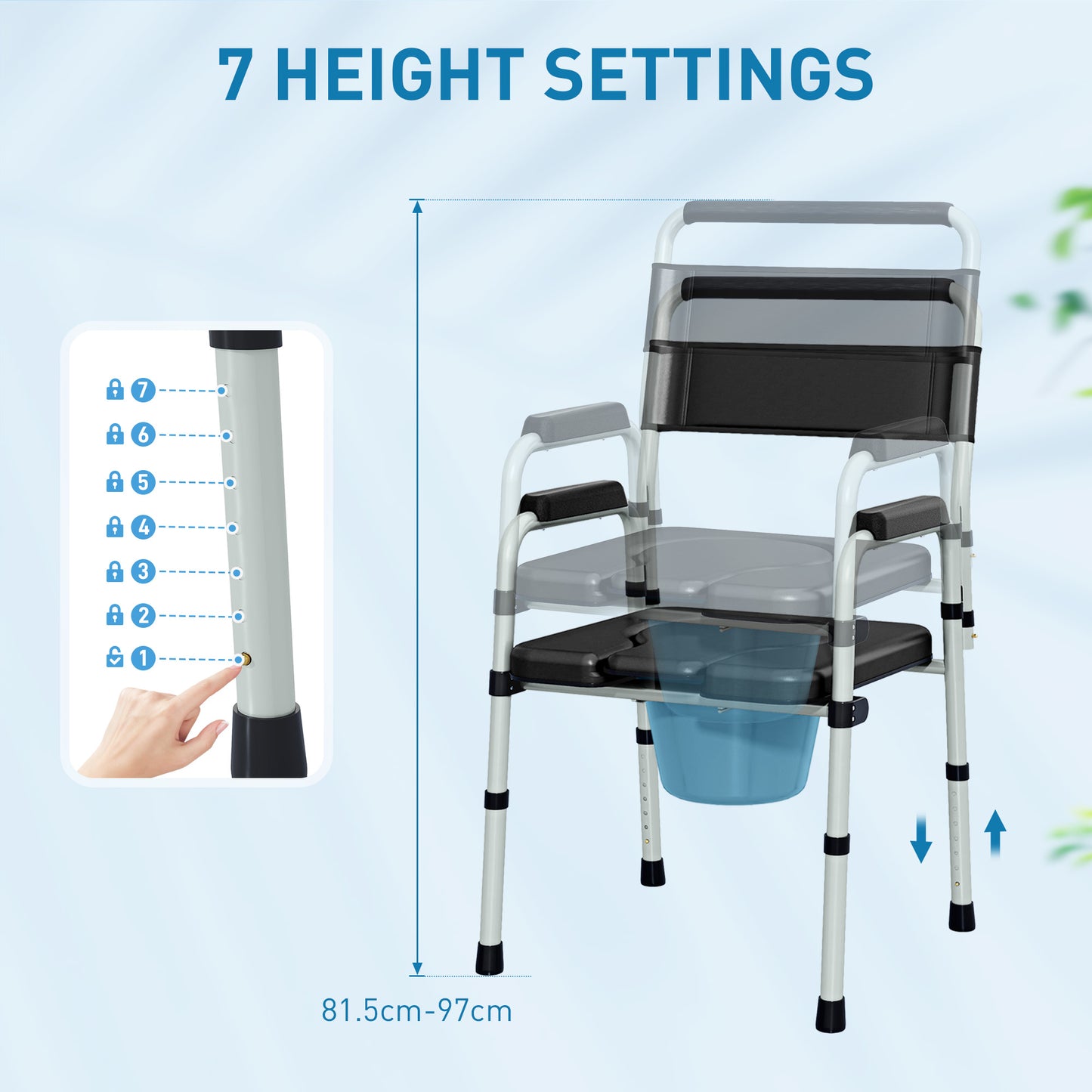 HOMCOM Commode Chair for Elderly with Arms and Back, Lightweight Non-Slip Commode w/ Removable Bucket, Height Adjustable, Black