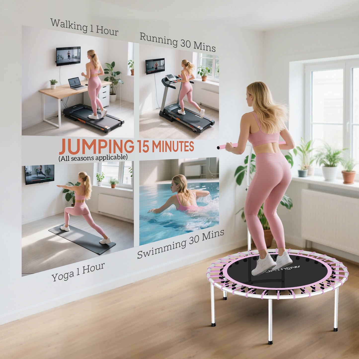 SPORTNOW 40" Fitness Trampoline, Mini Rebounder for Adults with 5-Level Adjustable Handle, Indoor Exercise, Max Load 100KG, Purple