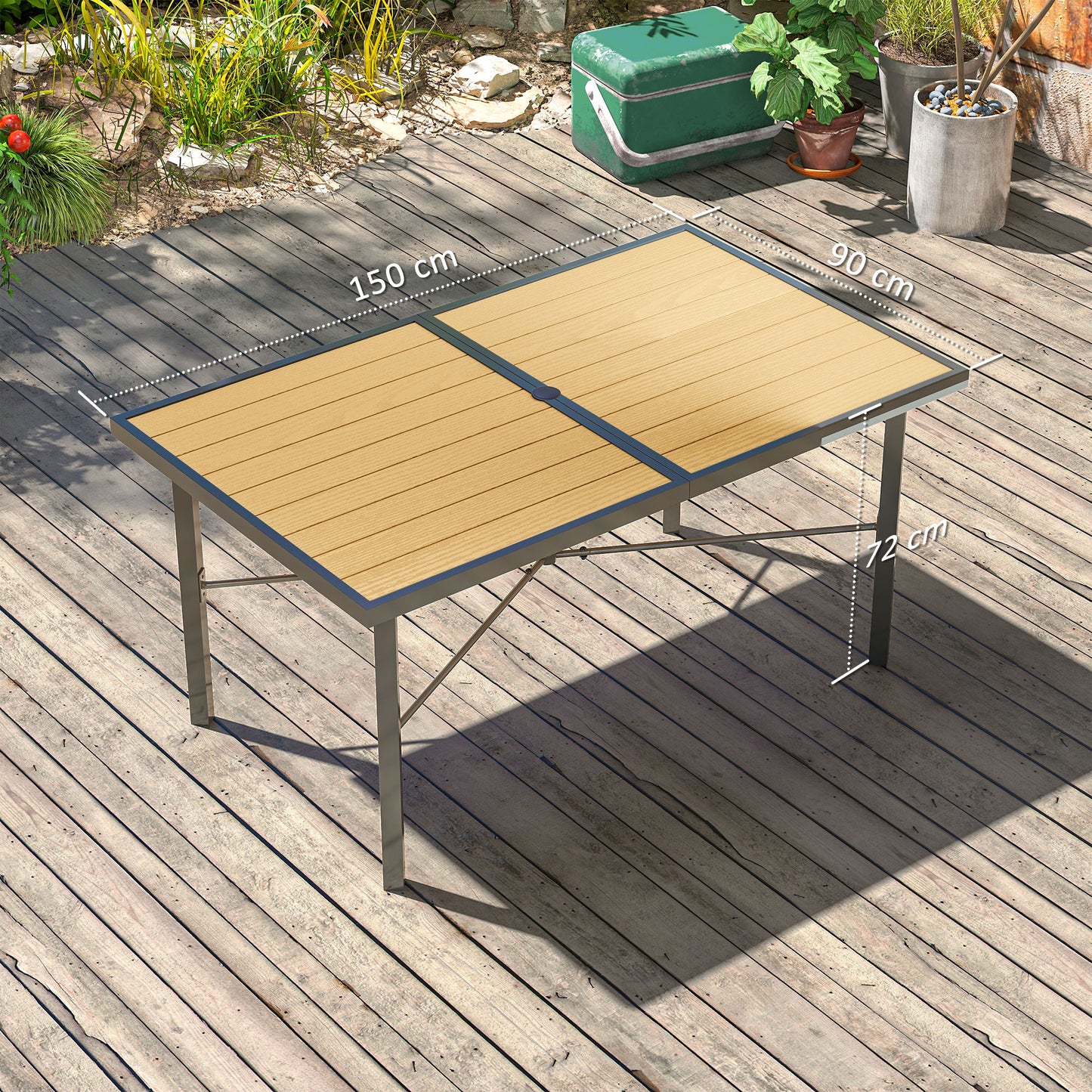 Outsunny Garden Table for 6, Outdoor Dining Table, Wood Effect Top, Rust Resistant Frame, 5cm Umbrella Hole, 150 x 90 cm, for Patio, Balcony, Terrace
