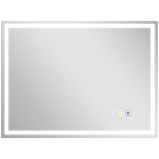HOMCOM 60 x 80 cm Bluetooth LED Bathroom Mirror with Clock Demister Pad - Silver Tone