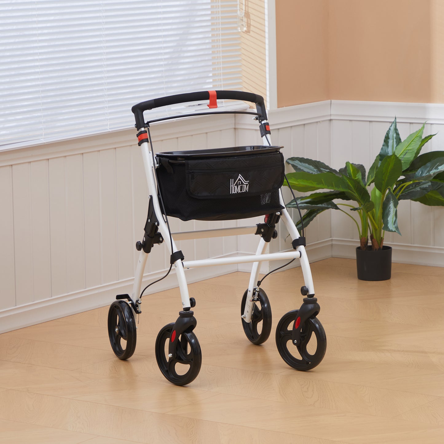 HOMCOM Upright Rollator Walker with Seat, Tray, Storage Bag, 4 Wheels, White