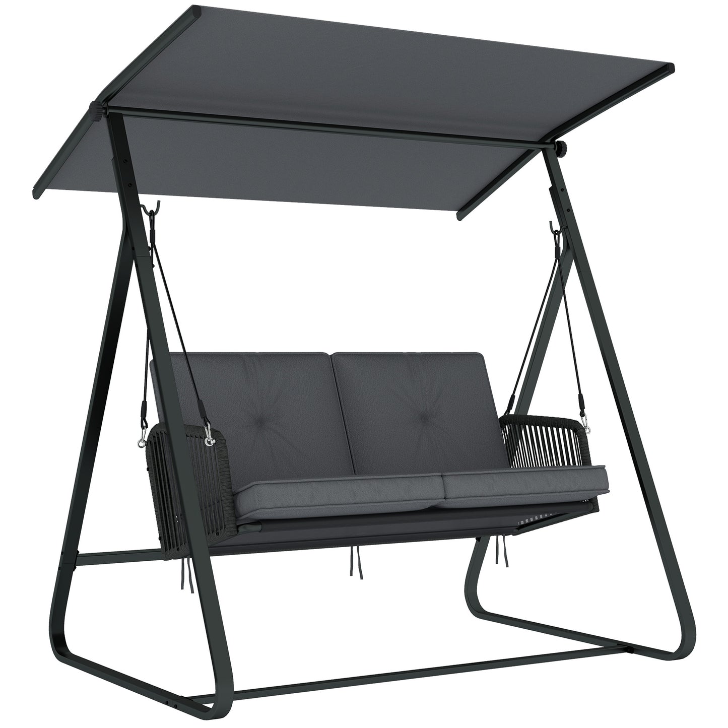 Outsunny 2-Seater Rattan Swing Chair, Outdoor Garden Hanging Swing Seat with Stand, Adjustable Canopy and Soft Cushions