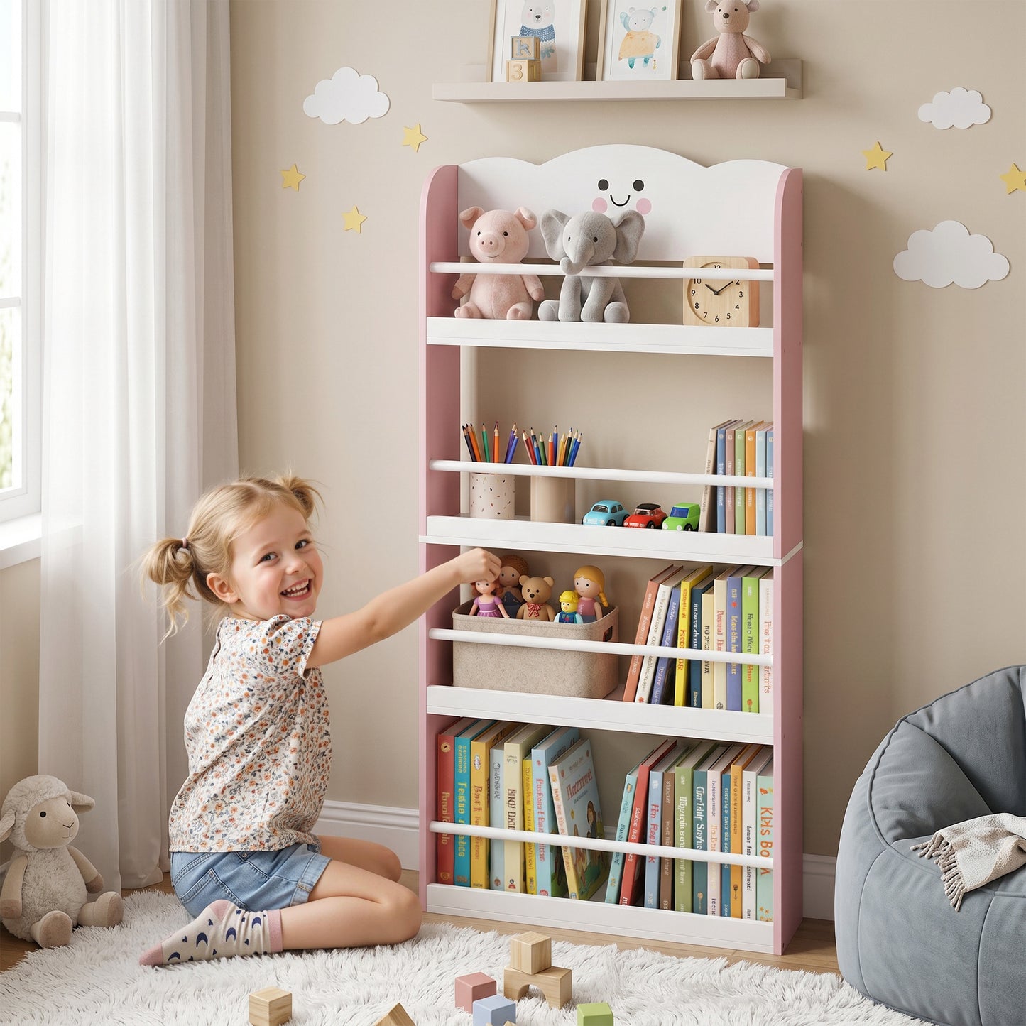 AIYAPLAY 4 Tier Kids Bookshelf, Wall-Mounted Children Bookcase, Toddler Space-Saving Bookcase for Kids Room, Playroom, Pink