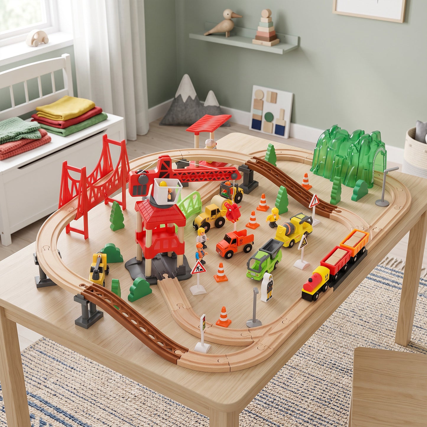 AIYAPLAY 91-Piece Wooden Train Set, Toy Train with Magnetic Crane, Sound Effects Track, for Kids Ages 3+