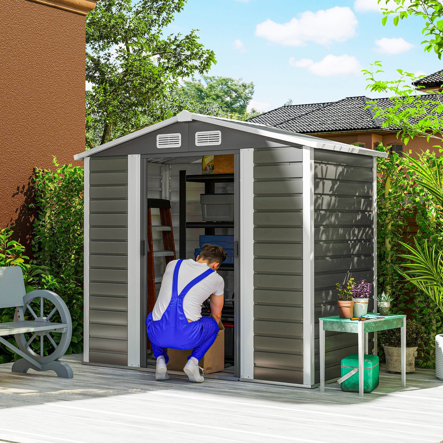 Outsunny Garden Shed, 7x4ft, Easy to Assemble, Upgraded Galvanised Steel with Foundation & Lockable Double Doors, Vents & Gloves, Dark Grey