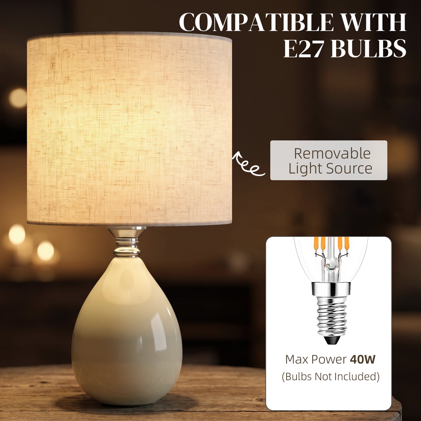 HOMCOM Table Lamp, Vintage Eastern Bedside Desk Lamp with Fabric Lampshade for Study, Bedroom, Living Room, Cream White