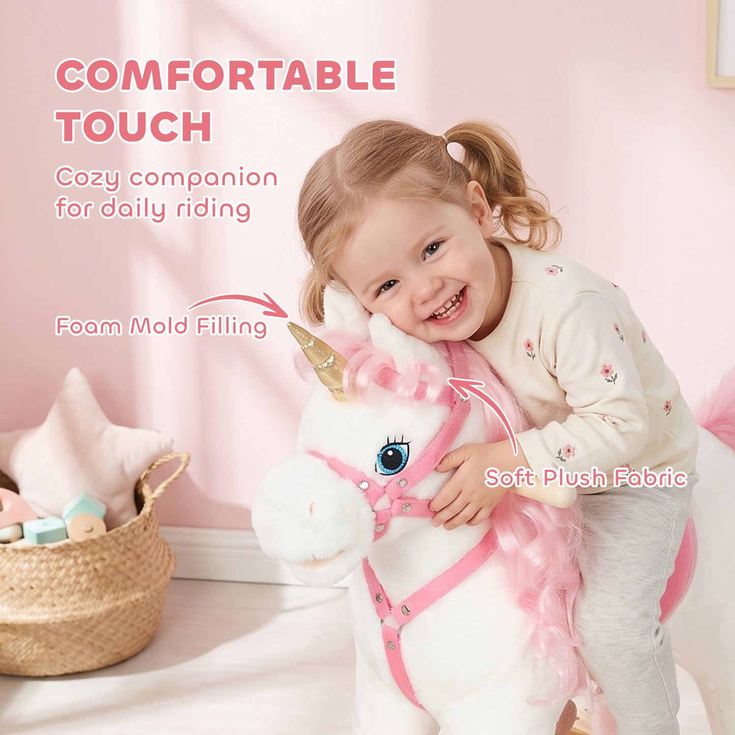 AIYAPLAY Rocking Horse, Unicorn Kids Ride on Horse with Rocking Limit, Hoofbeats, Neighing, Moving Mouth & Tail, for 1-3 Y, White