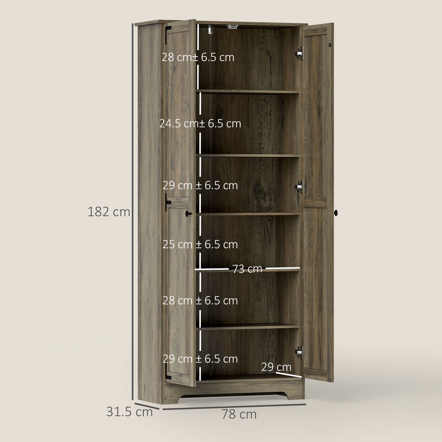 HOMCOM Farmhouse Kitchen Cupboard, Freestanding Storage Cabinet with Adjustable Shelves and Recessed Doors, Grey Wood-Effect