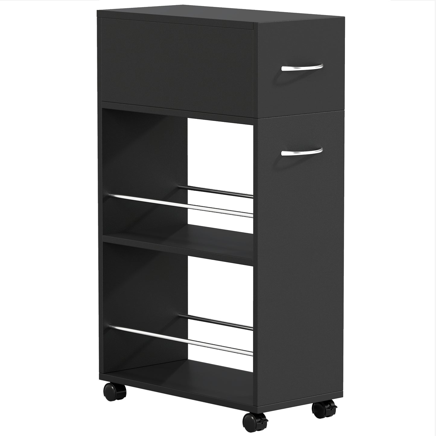 HOMCOM Kitchen serving cart on casters with 1 drawer and 2 open shelves for dining room 25 x 50 x 85 cm Black