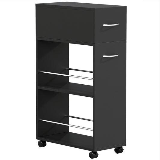 HOMCOM Kitchen serving cart on casters with 1 drawer and 2 open shelves for dining room 25 x 50 x 85 cm Black
