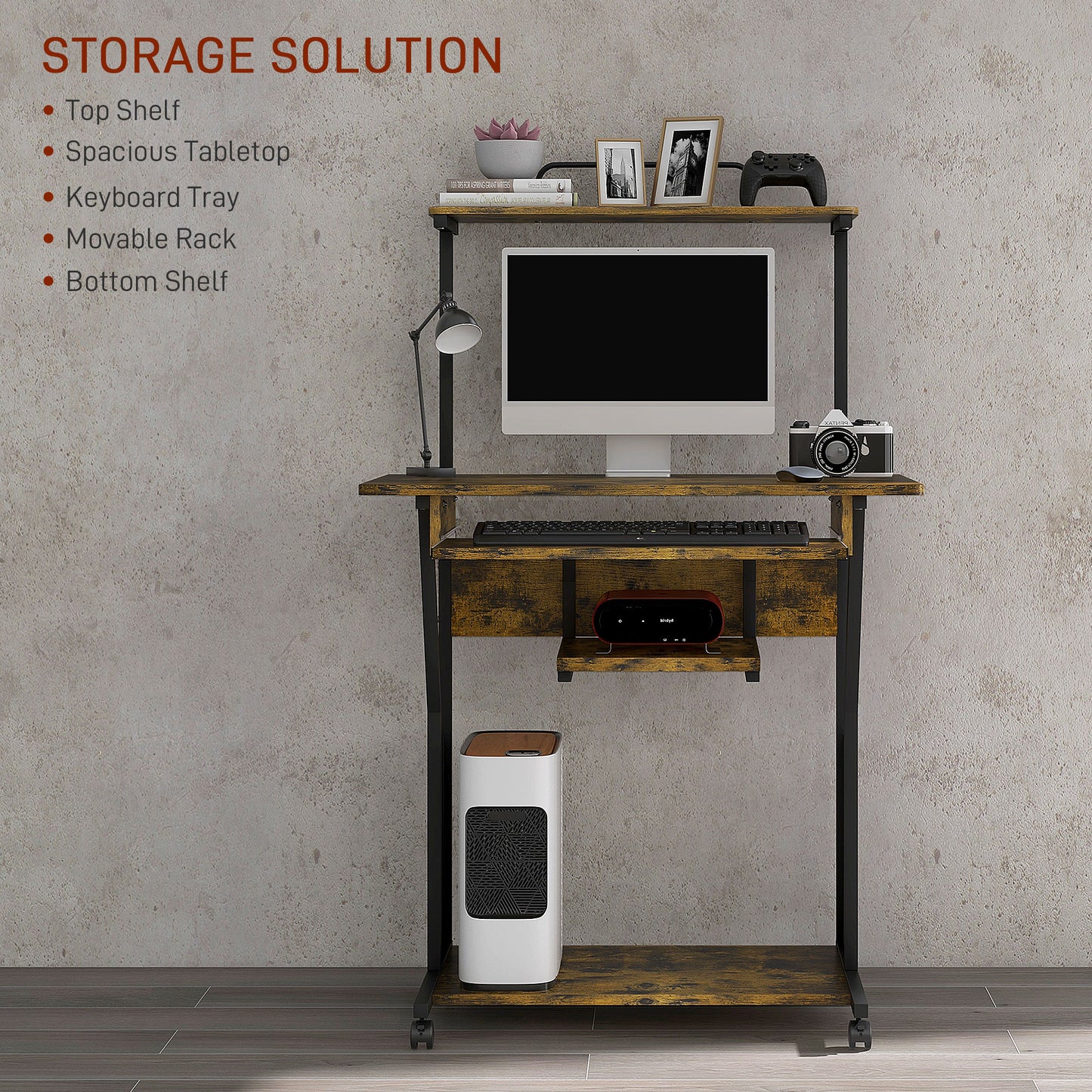 HOMCOM Rolling Computer Desk with Keyboard Tray - Rustic Brown