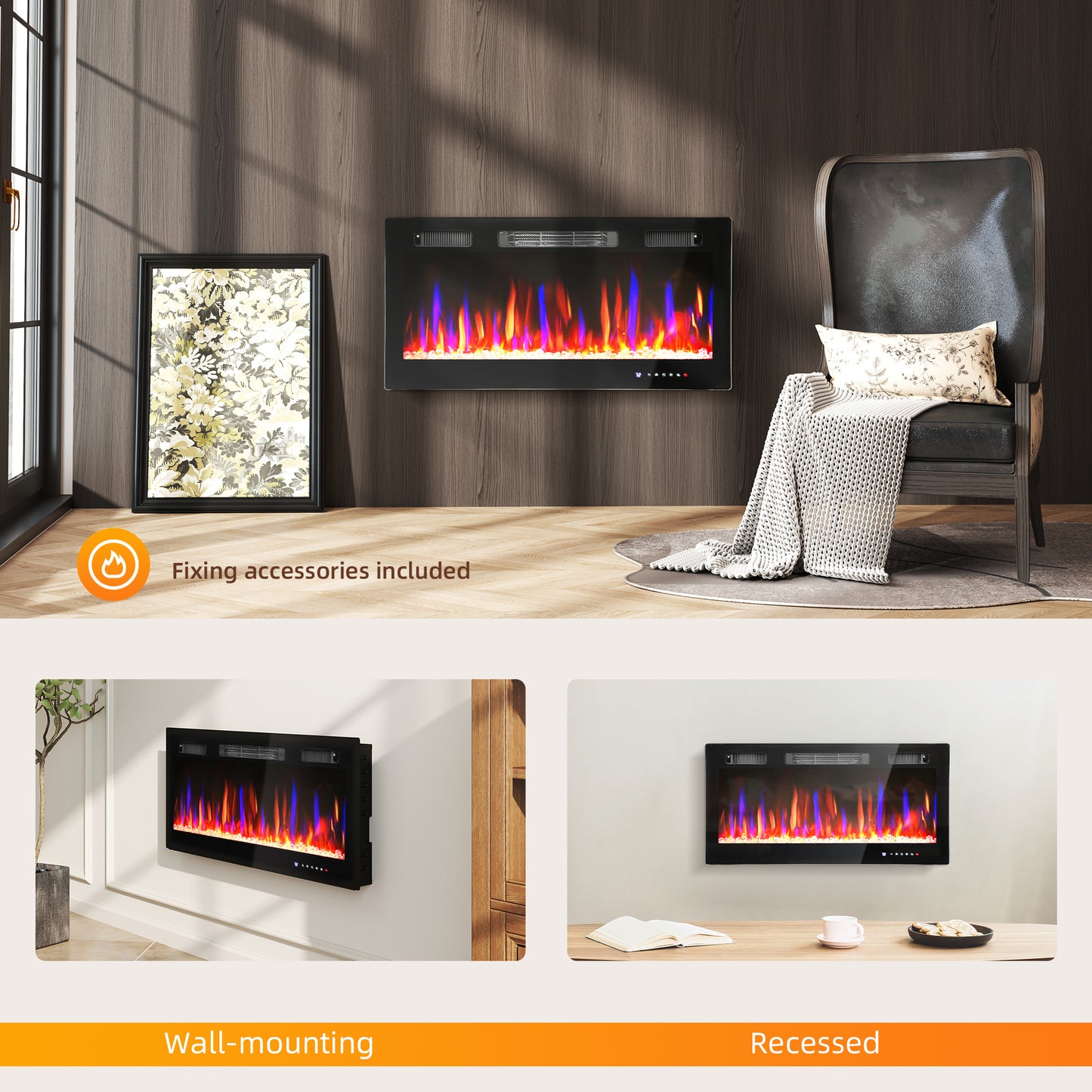 HOMCOM 36" Ultra-Slim Electric Fireplace, Wall Mounted and Recessed, 900W/1800W