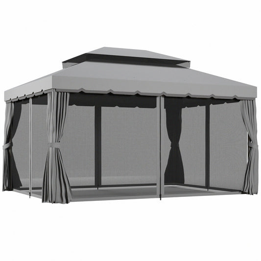 Outsunny 3 x 4m Aluminium Garden Gazebo, Marquee Canopy Shelter Pavilion Party Tent with Nets and Curtains for Garden and Deck, Light Grey