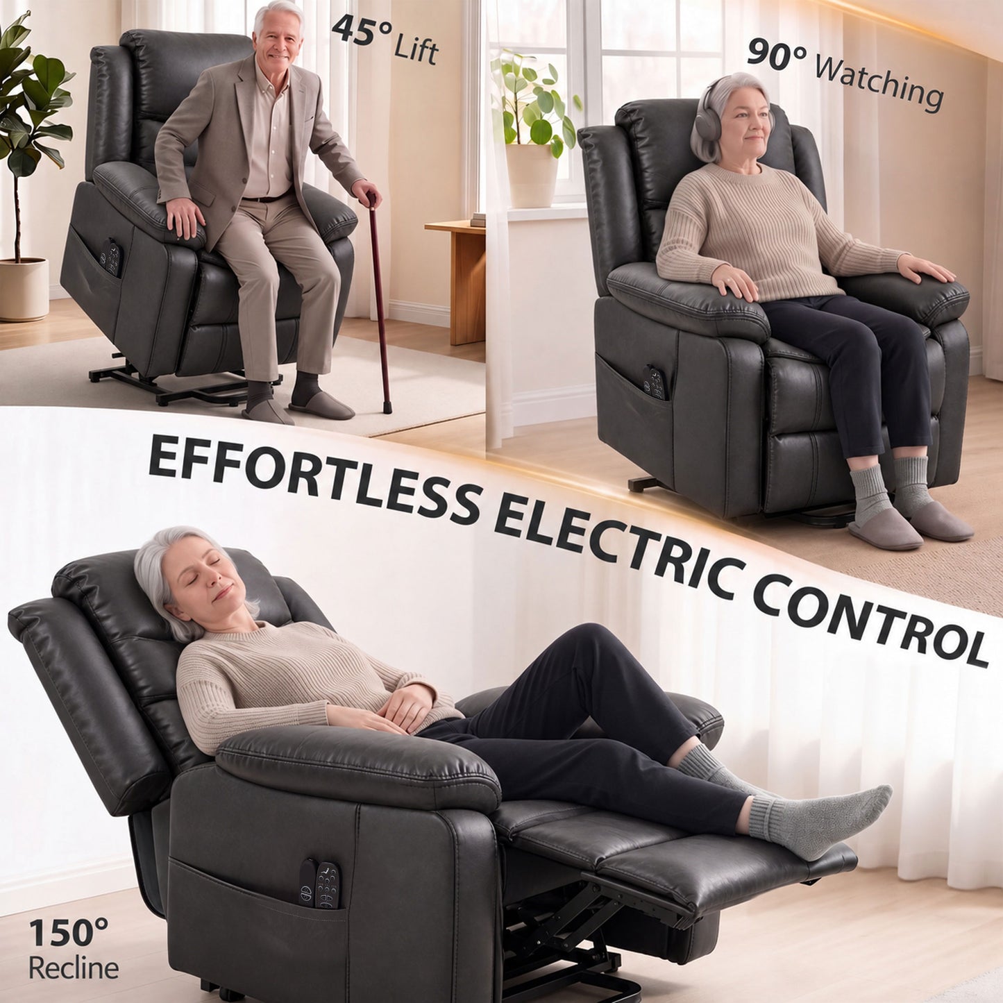HOMCOM Riser Recliner Chair with Massage and Heat, PU Leather Power Electric Lift Armchair for Elderly, Charcoal Grey