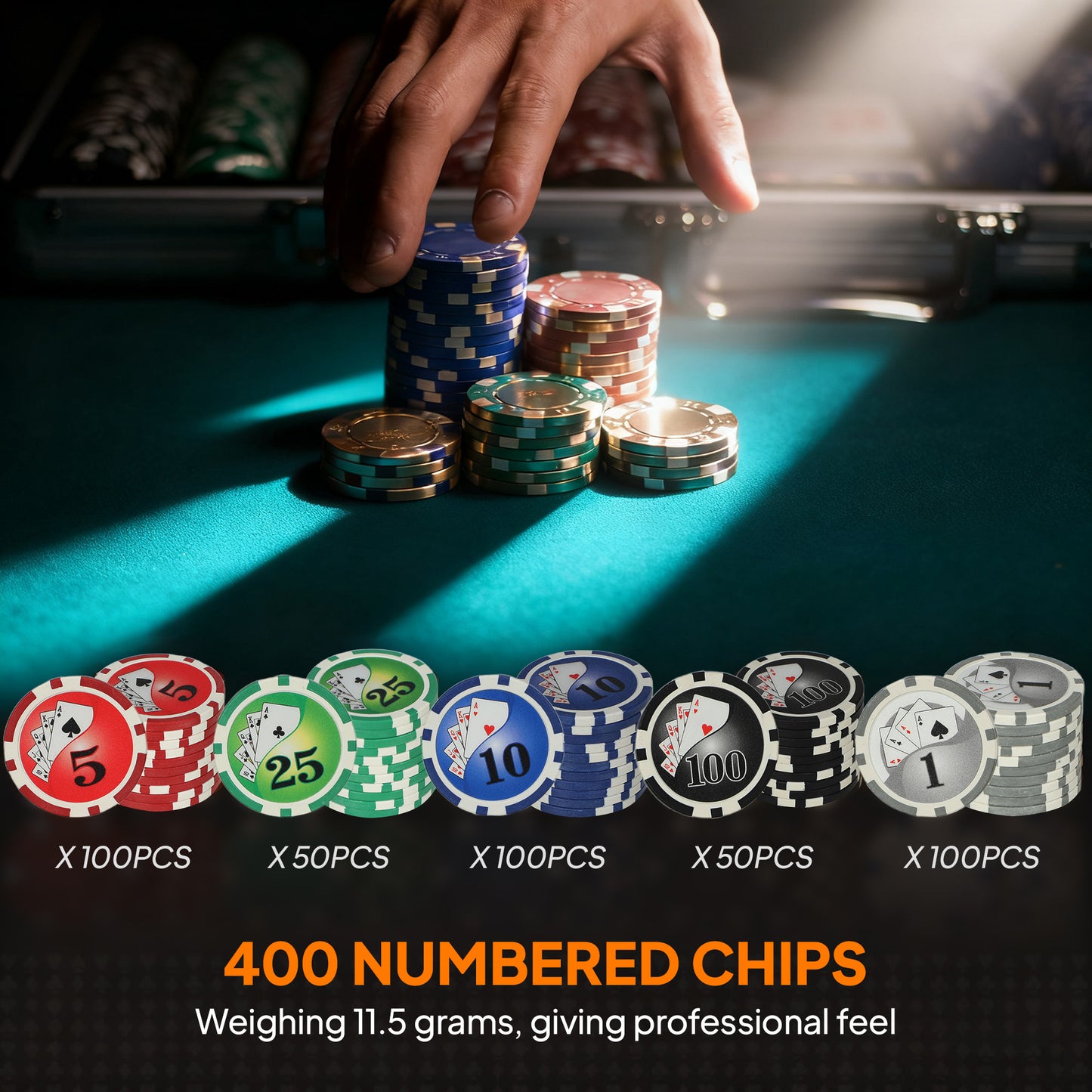 SPORTNOW 400-Piece Poker Chips Set, Texas Holdem with Mat, 11.5g Numbered Chips, 2 Decks, Dealer, 5 Dice, ABS Case, Grey