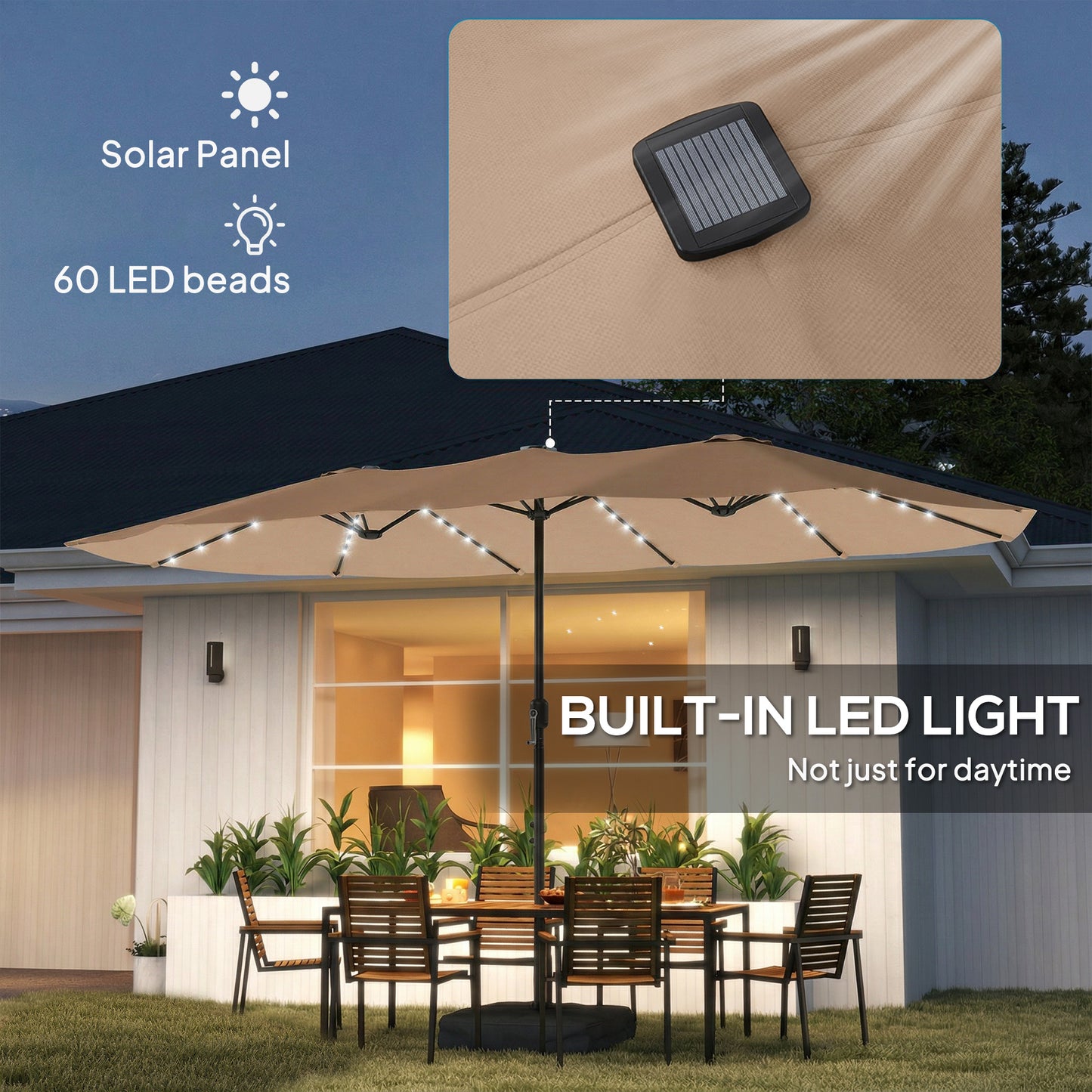 Outsunny Patio Umbrella Double-Sided Outdoor Umbrella with Solar Lights Base, Khaki