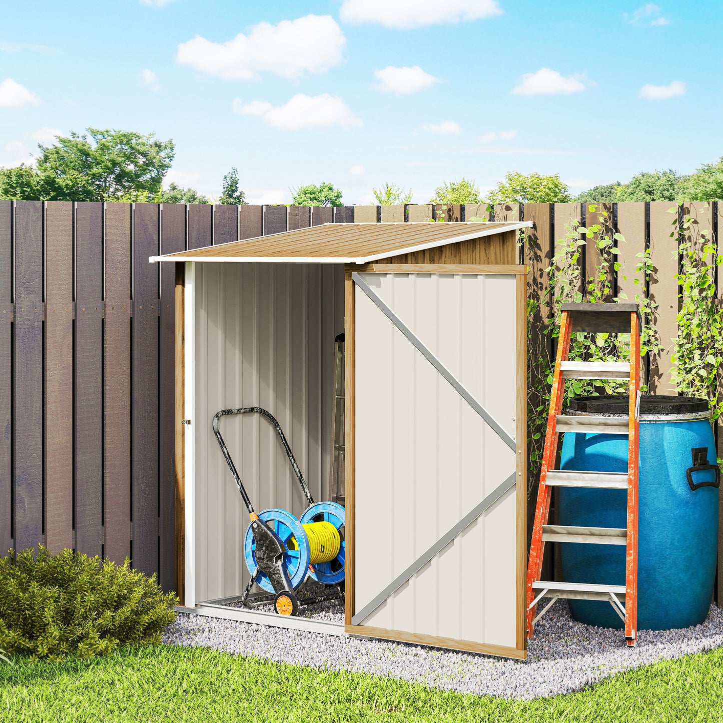 Outsunny 3.3 x 3.4ft Lean To Steel Garden Shed, with Locking Door - Light Brown Wood Effect/White