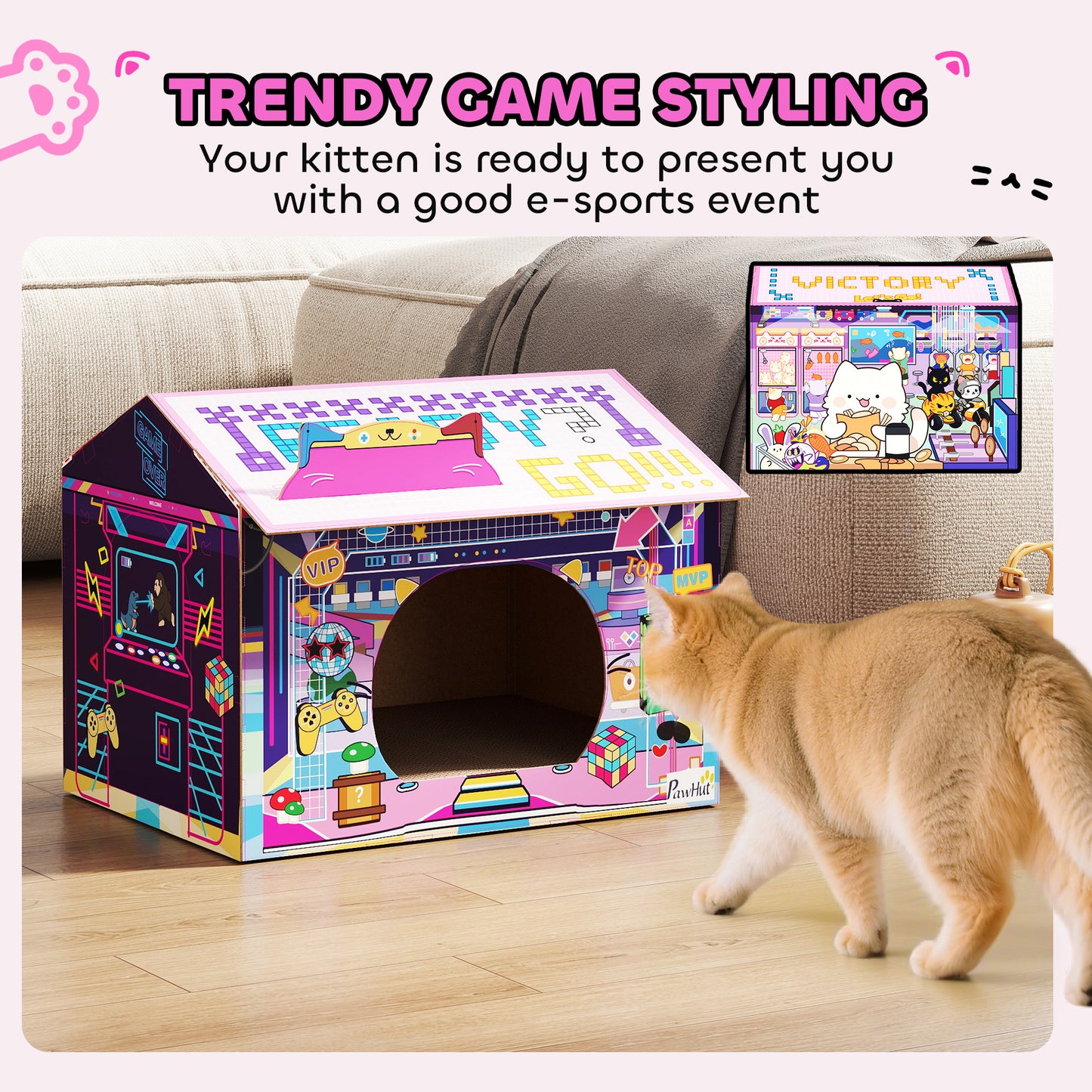 PawHut 2 in 1 Gaming Style Cardboard Cat House with Scratching Board & Catnip for Indoor Cats, Pink