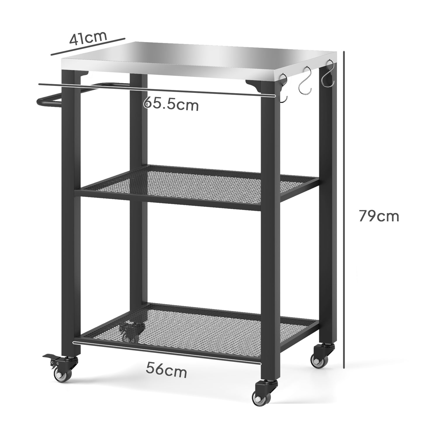 Outsunny: Three-Shelf Outdoor Grill Cart with Stainless Steel Top, 4 Wheels, Hooks, for Kitchen/Garden