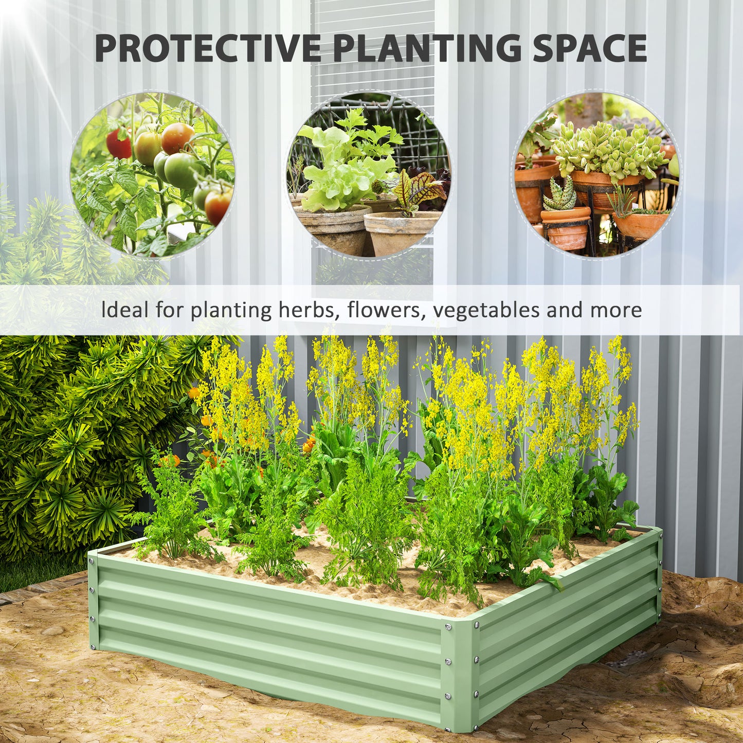 Outsunny Square Raised Garden Bed Box with Weatherized Steel Frame for Vegetables, Flowers, & Herbs, 120 x 120 x 30cm, Light Green