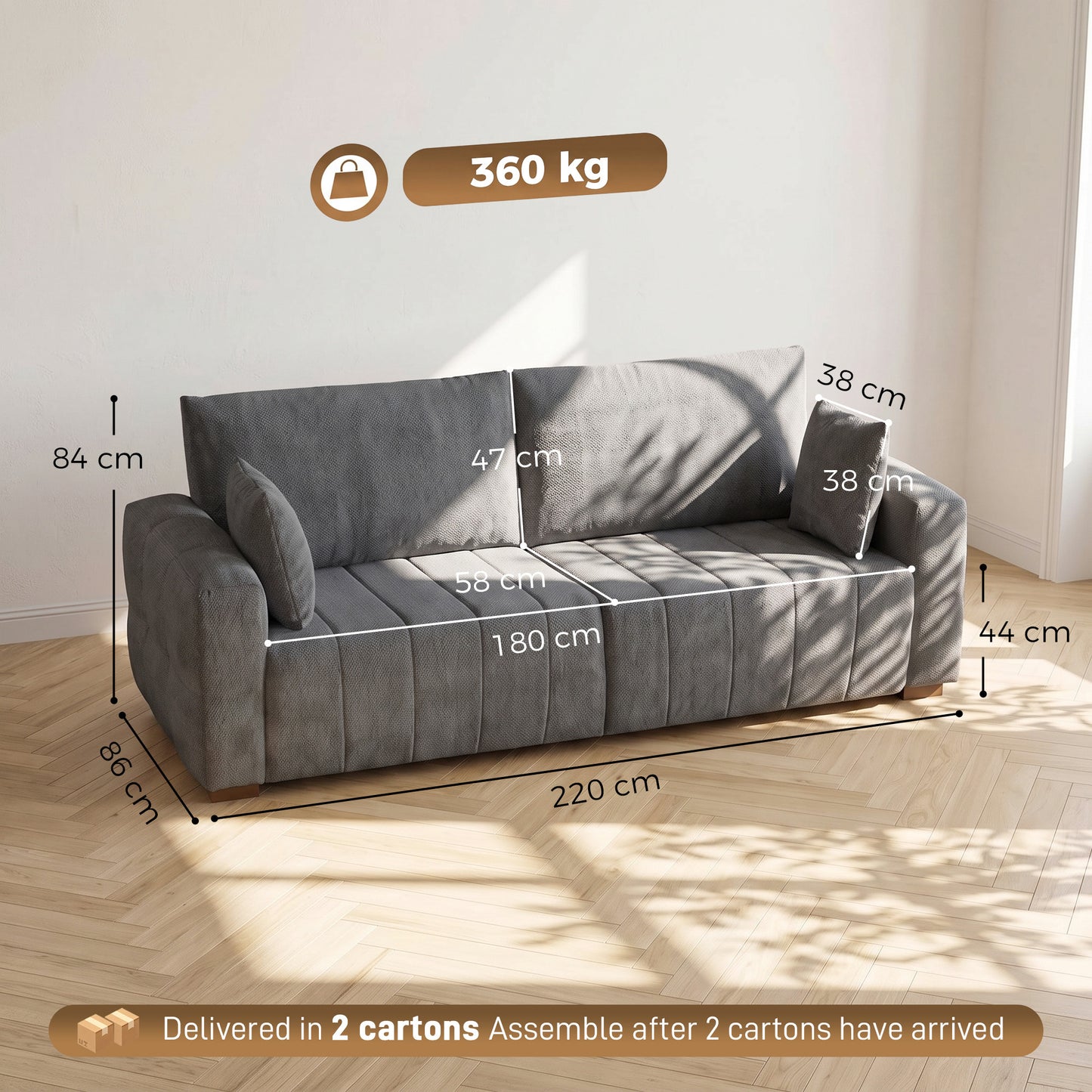 HOMCOM 3 Seater Sofa, Upholstered Velvet Couch for Bedroom with Pillows, Padded Cushion and Wood Legs, Grey