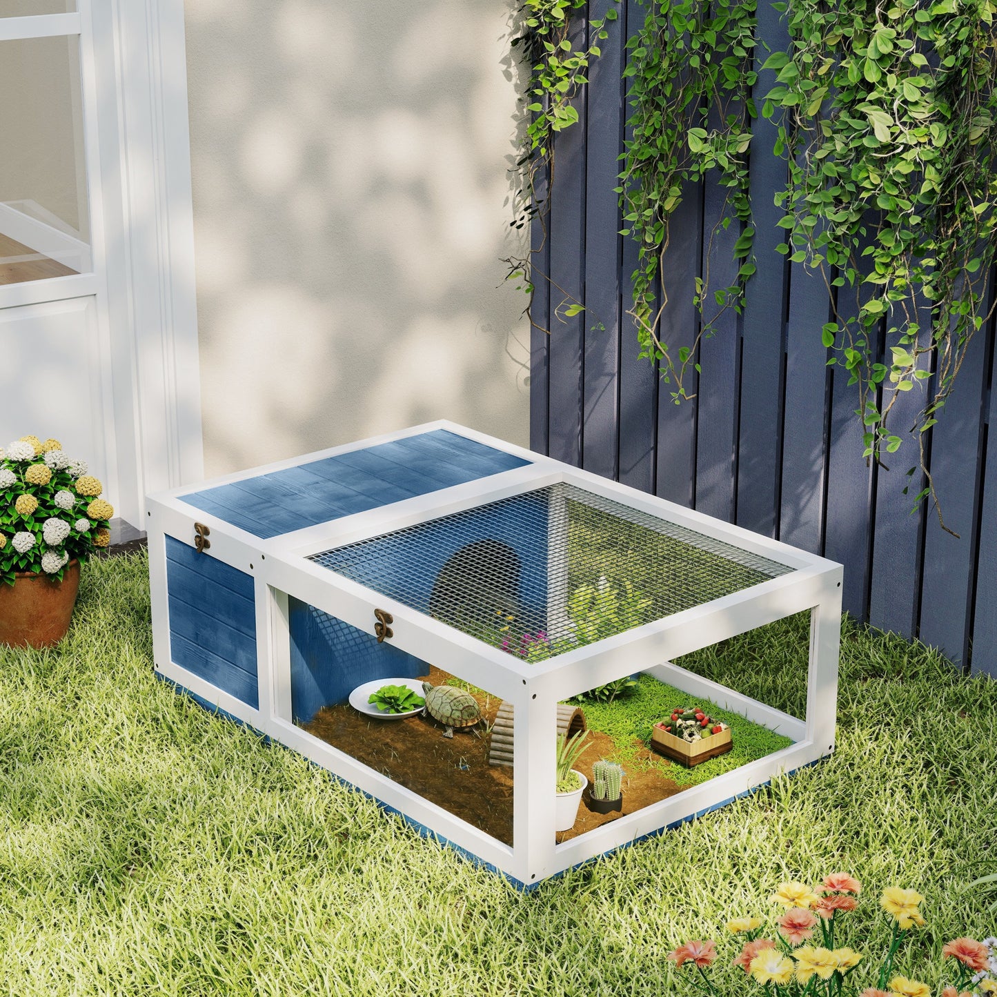 PawHut House enclosure cage habitat for small animals tortoises with 2 spaces 91 x 60.5 x 32 cm solid wood blue