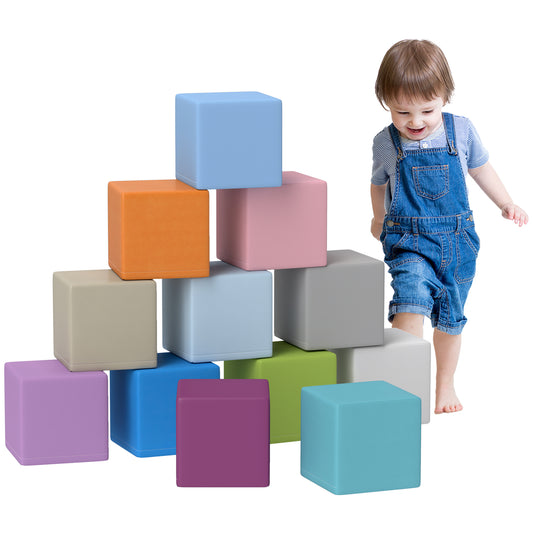 HOMCOM 12 PCs Soft Play Blocks, Soft Foam Toy, Building and Stacking Blocks for Kids, Multicoloured