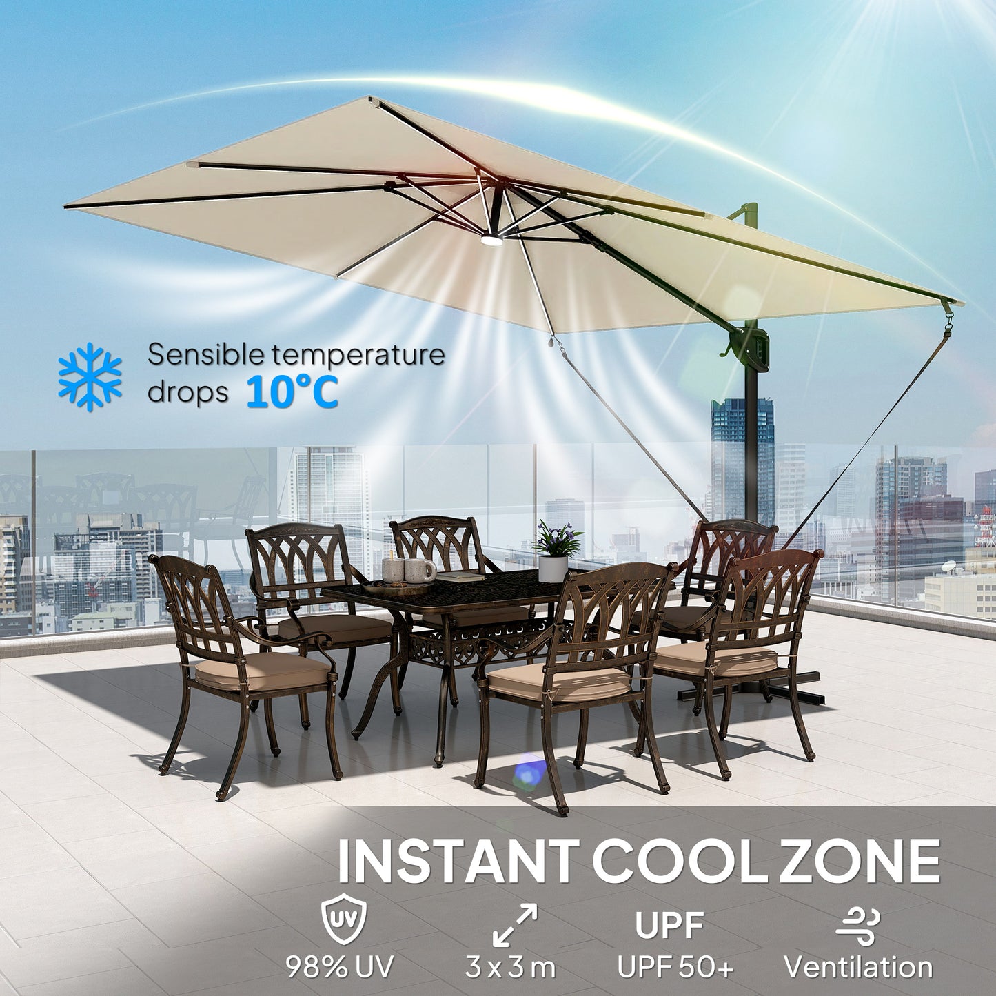 Outsunny 3 x 3 m Garden Cantilever Parasol w/ Light, Cover, UPF50+ Patio Umbrella w/ Wind Protection, 360° Rotation, Cream White