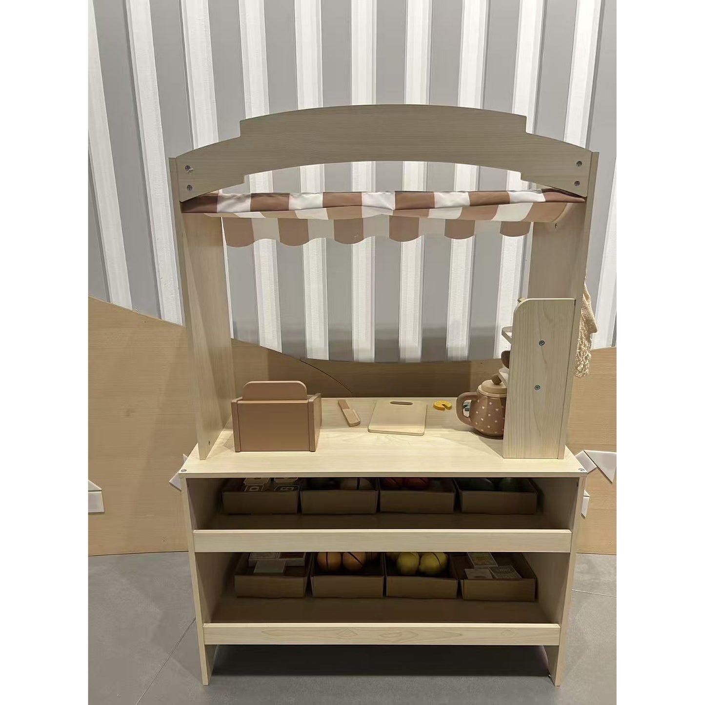 AIYAPLAY Pretend Play Shop, Wooden Kids Grocery Store Playset with Play Food, Cash Register, Chalkboard, 61 Accessories for 3-8