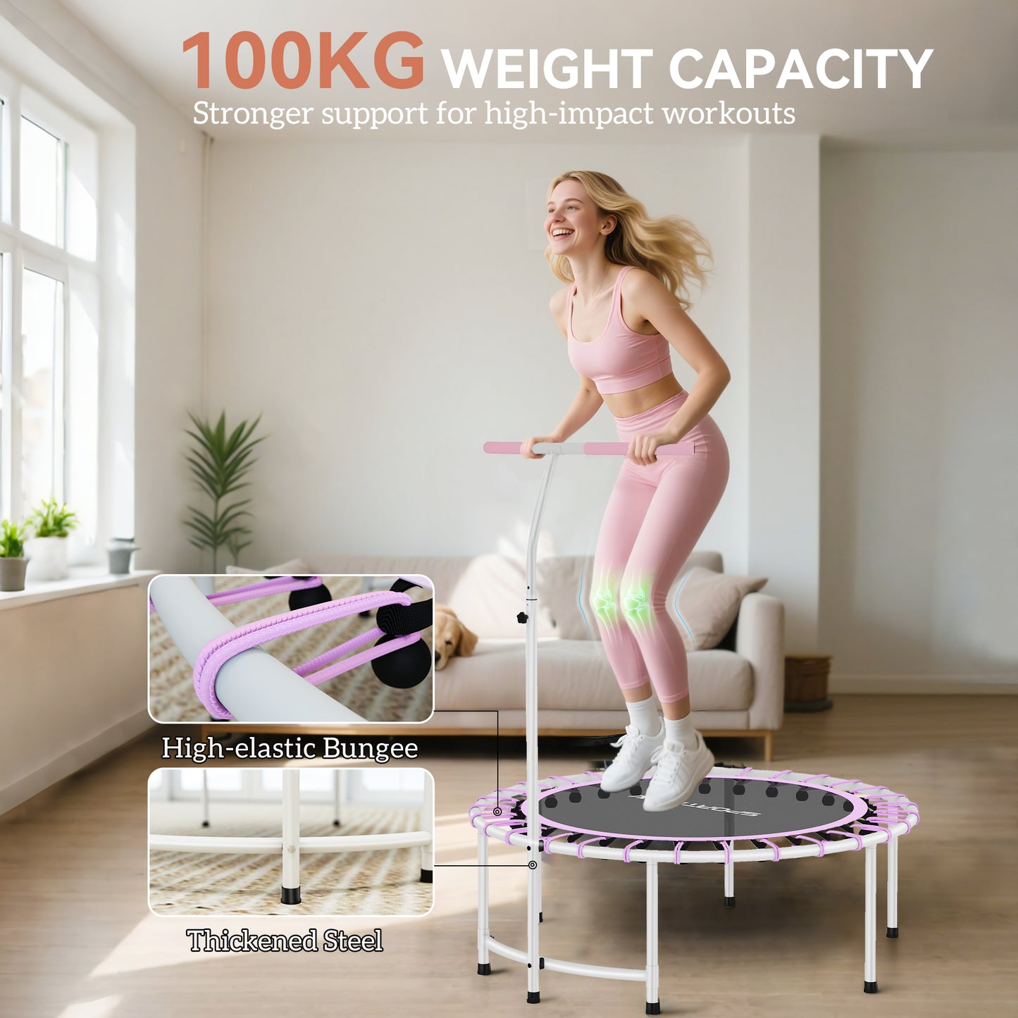 SPORTNOW 40" Fitness Trampoline, Mini Rebounder for Adults with 5-Level Adjustable Handle, Indoor Exercise, Max Load 100KG, Purple