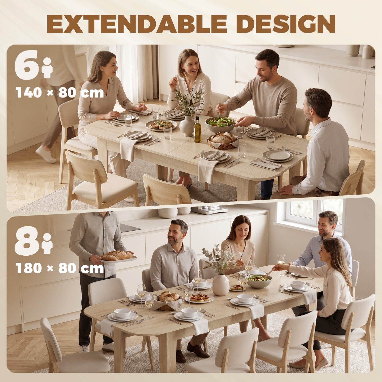 HOMCOM Extendable Oval Dining Table for 4-6, Farmhouse Expandable Kitchen Table, Round Edges, Oak