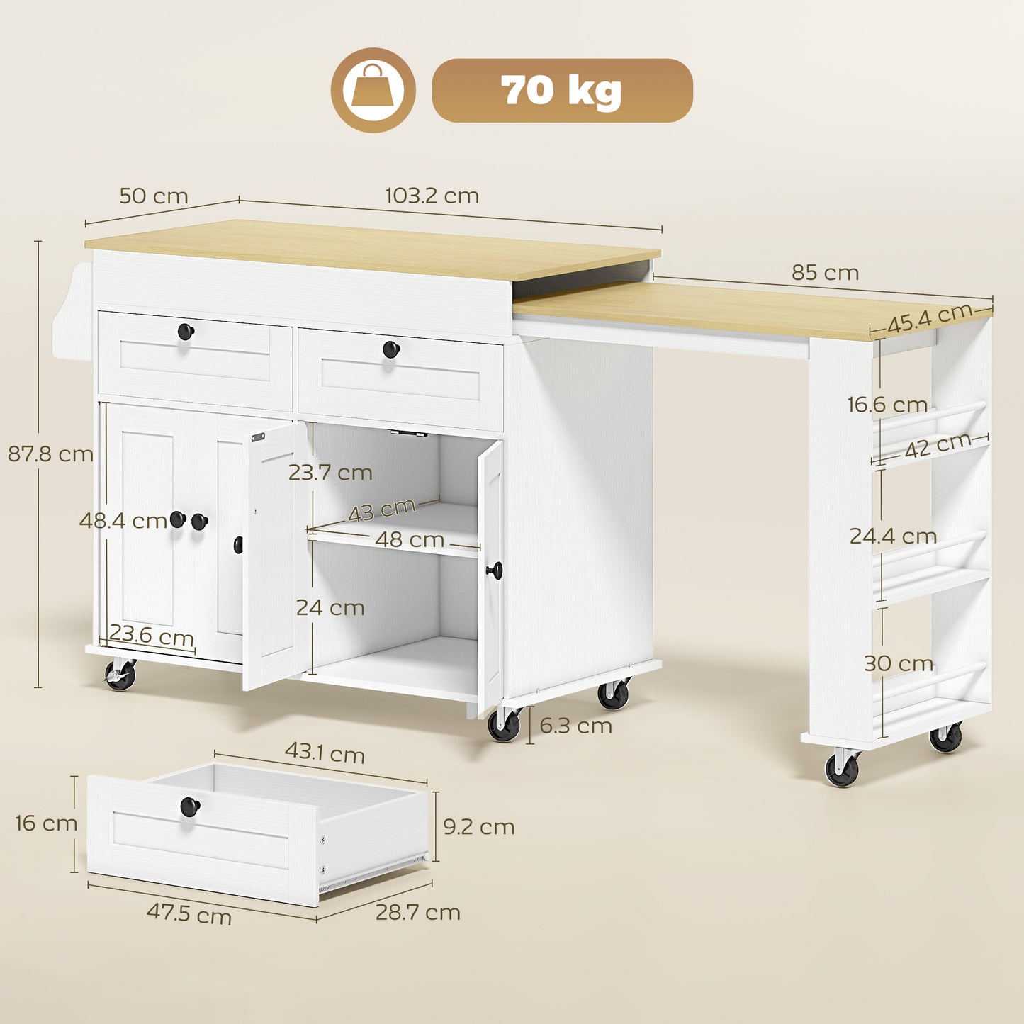 HOMCOM Rolling Kitchen with Expandable Top, Kitchen Island on Wheels with USB Ports & Power Outlets, Storage, White