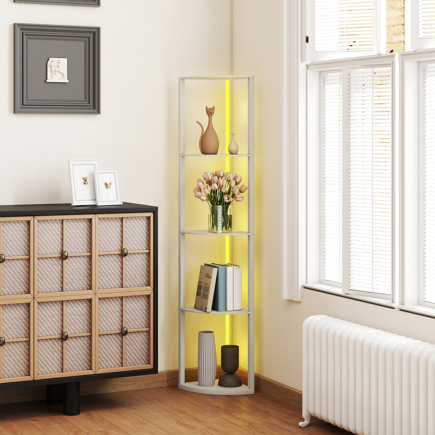 HOMCOM Oak RGB LED Floor Lamp with 5 Shelves, Dimmable, Remote Control, Modern Display Shelf for Living Room/Bedroom/Office