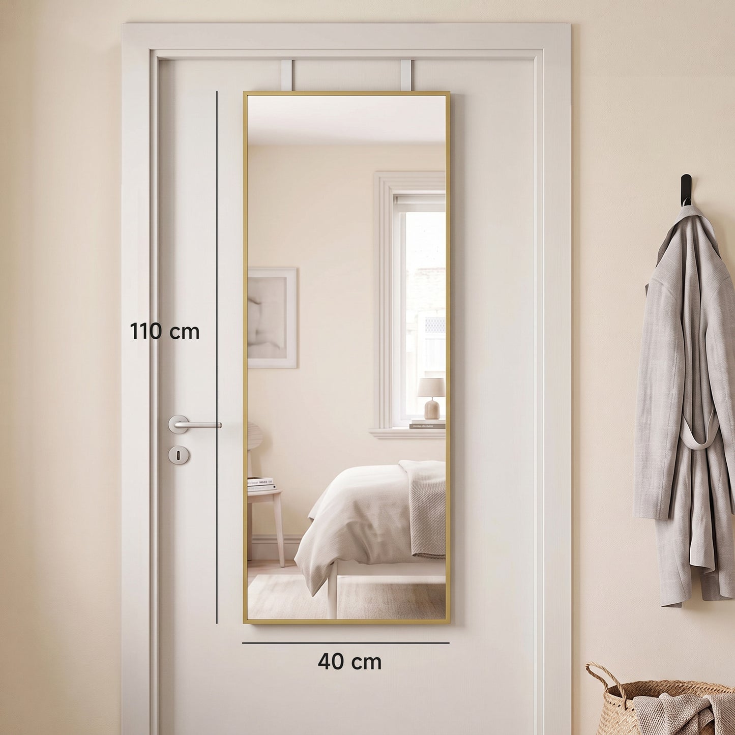 HOMCOM 40 x 110 cm Full Length Wall Mirror, Rectangular Mirror with Adjustable Hooks, Over the Door or Wall Mounted, Gold Tone