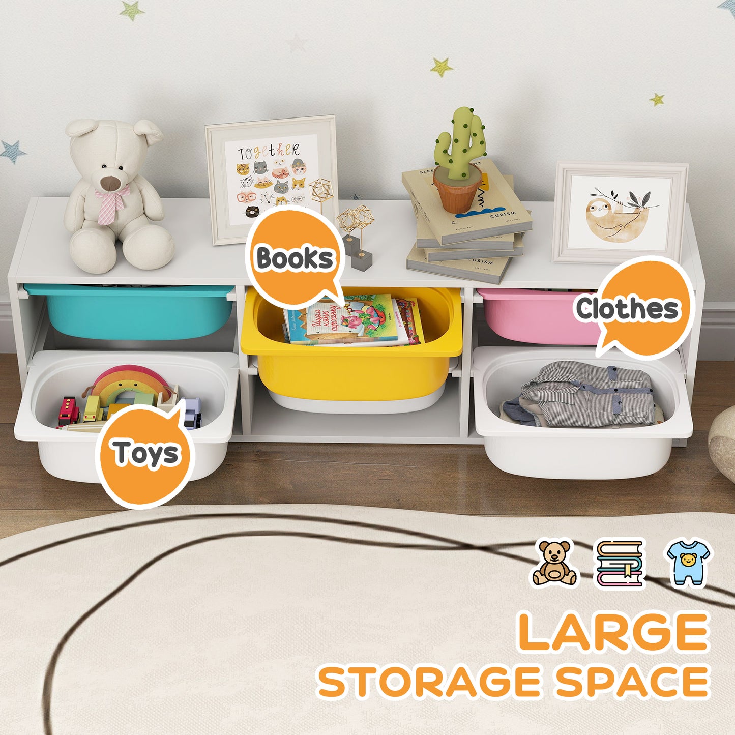 AIYAPLAY Low Height 2 Tiers Storage Organiser, Kids Toy Storage Unit with 6 Removable Bins for Bedroom, Nursery, Playroom